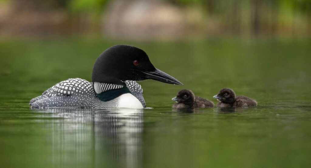 Common loon with chicks swimming on calm lake in Algonquin Provincial Park Ontario during summer breeding season